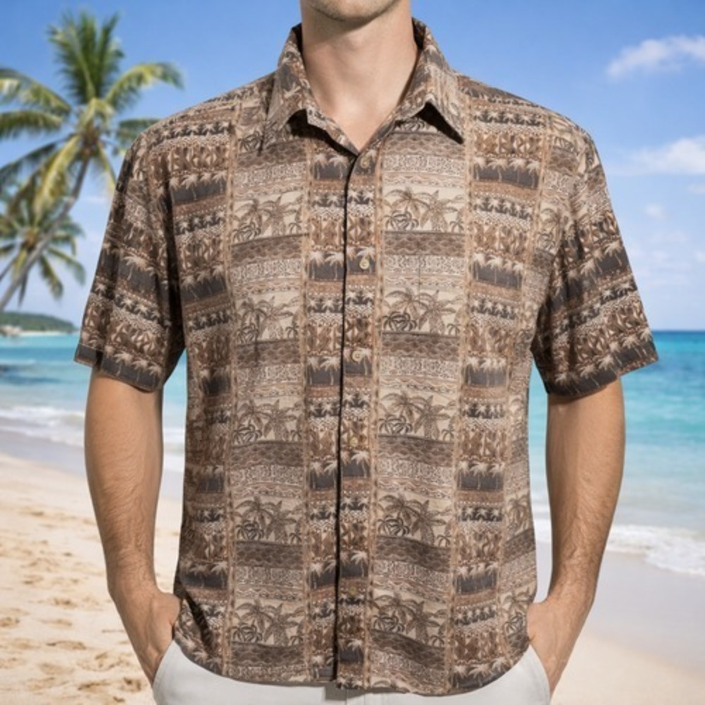 Tori Richard Hawaiian Aloha Shirt XL Tribal Symbols Palm‎ Trees Brown Tan